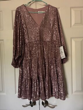 Eliza J Balloon Sleeve Sequin Tiered Skater Dress size 12 Mauve NWT